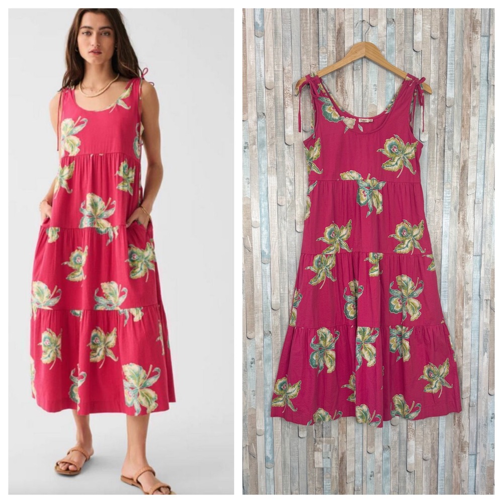 Faherty XS Lanai Seersucker Tank Dress Orchid Floral Tiered Midi Organic Cotton